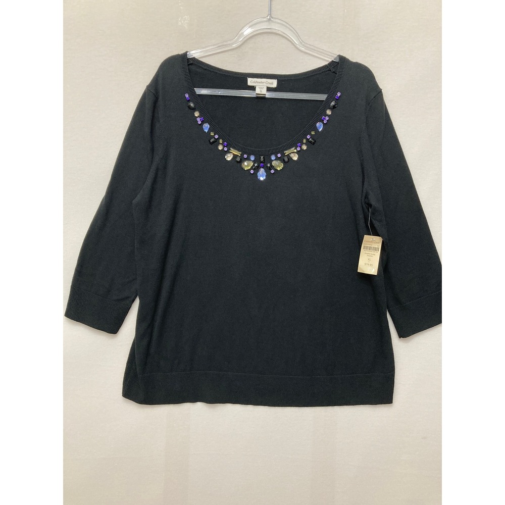 New Coldwater Creek Jeweled Lightweight Sweater‎ XL Black 3/4 Sleeve